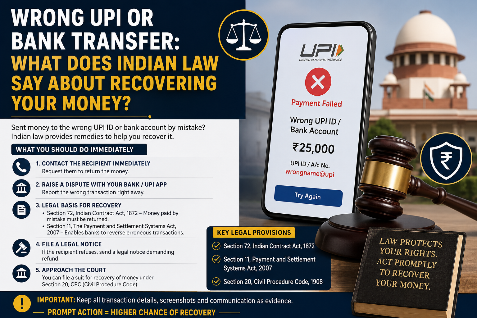 ⚖️💰 Wrong UPI or Bank Transfer: What Does Indian Law Say About Recovering Your Money?A  Guide to Your Rights, Remedies, and the Recovery Process in India 