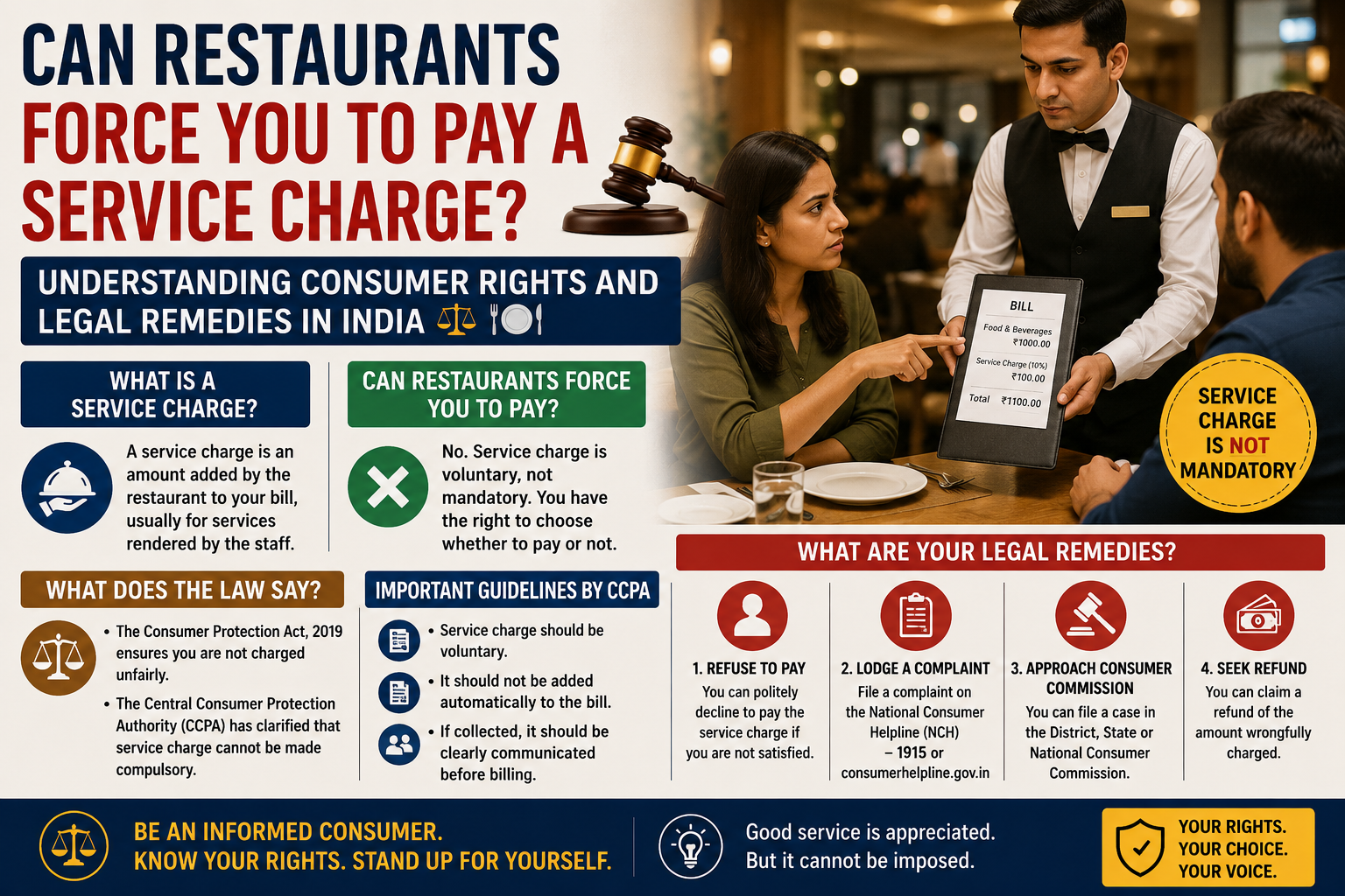 ⚖️🍽️Can Restaurants Force You to Pay a Service Charge? Understanding Consumer Rights and Legal Remedies in India .