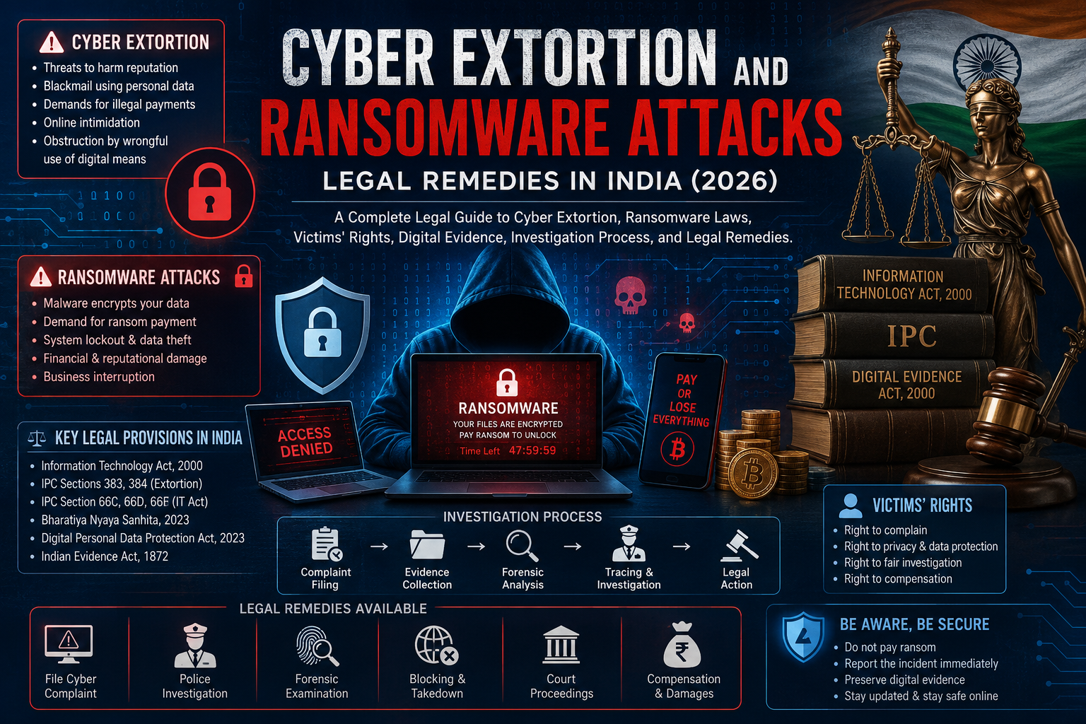 Cyber Extortion and Ransomware Attacks: Legal Remedies in India : A Complete Legal Guide to Cyber Extortion, Ransomware Laws, Victims' Rights, Digital Evidence, Investigation Process, and Legal Remedies 🔐⚖️💻