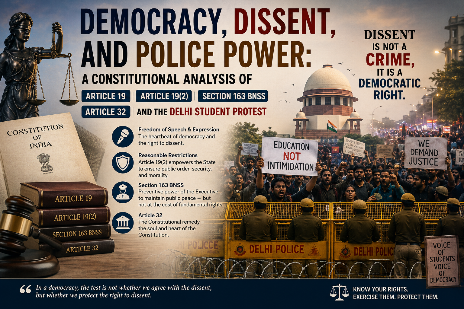 Democracy, Dissent, and Police Power: A Constitutional Analysis of Article 19, Article 19(2), Section 163 BNSS, Article 32, and the Delhi Student Protest (2026)