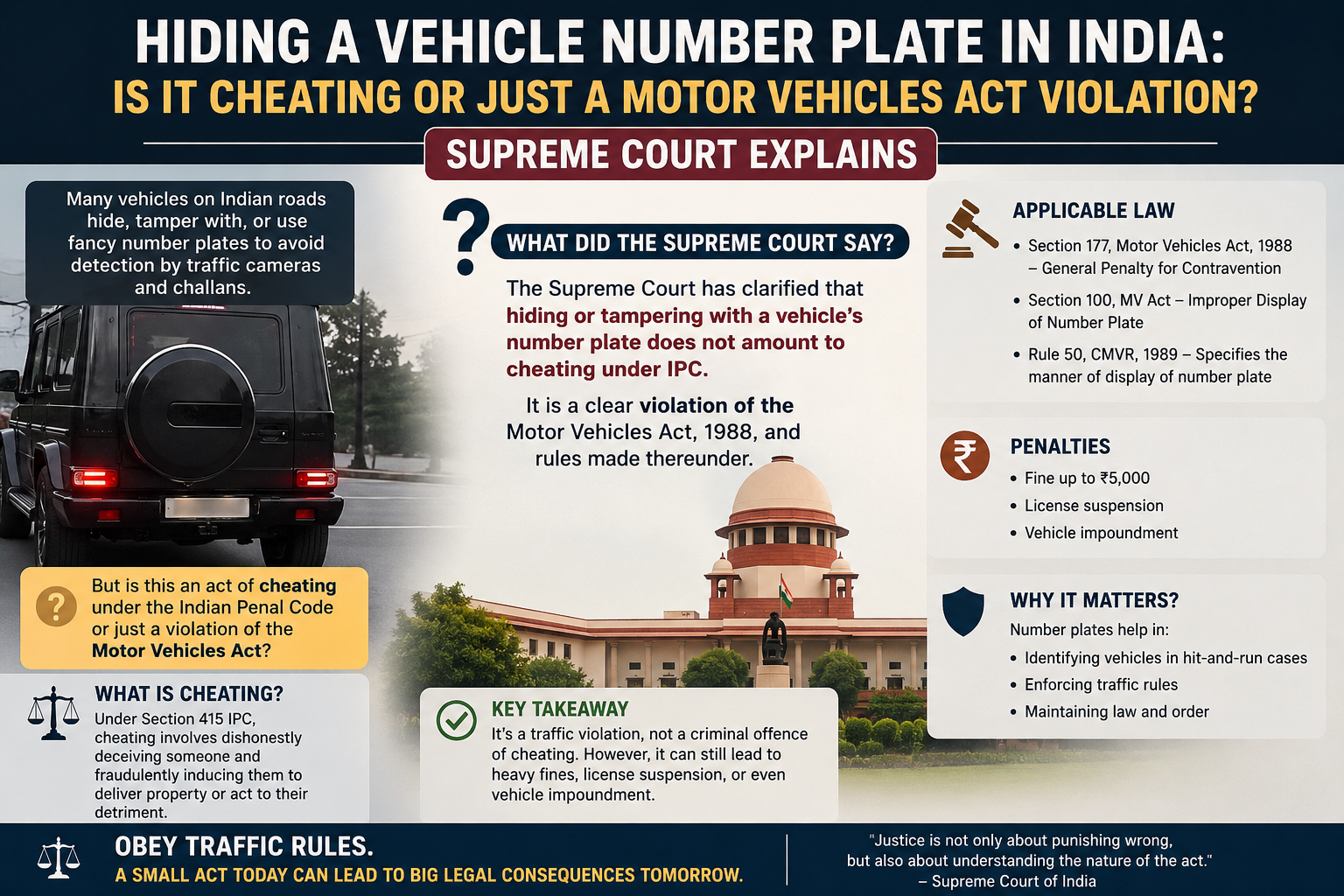🚗⚖️Hiding a Vehicle Number Plate in India: Is It Cheating or Just a Motor Vehicles Act Violation? Supreme Court Explains  